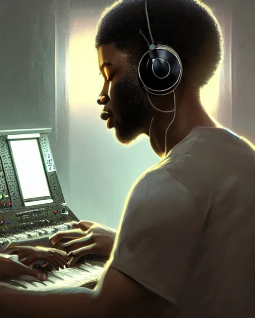 Image similar to light skin black man with headphones at his home studio producing music late at night, very detailed, 4 k, concept art like ernest khalimov, intricate details, highly detailed by greg rutkowski, ilya kuvshinov, gaston bussiere, craig mullins, simon bisley