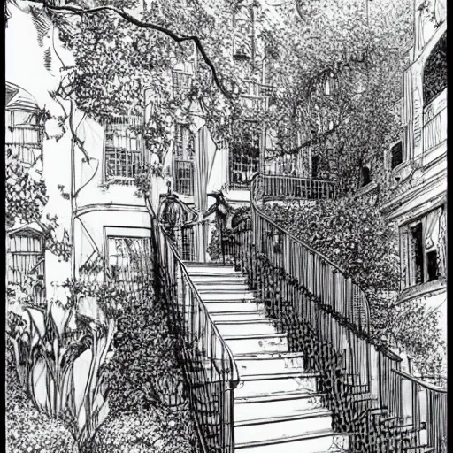 Prompt: old white house stairs into colorful lush garden, drawing moebius