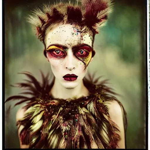 Prompt: kodak portra 4 0 0, wetplate, photo of a surreal artsy dream scene,, weird fashion, in the nature, highly detailed face, expressiv eyes, close up, very beautiful model, portrait, extravagant dress, carneval, animal, wtf, photographed by paolo roversi style and julia hetta