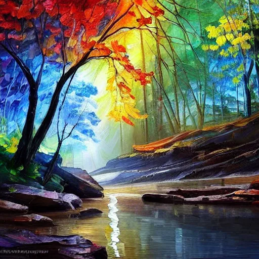 Image similar to A beautiful, highly detailed, very realistic oil painting of a single tree with rainbow leaves, next to a small river, glowing bright blue in the middle of a huge, very dark cave, with lots of dark grey rocks, oil painting by Afremov and Greg Rutkowski.