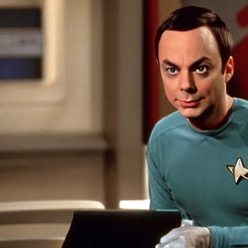 Image similar to sheldon cooper from the big bang theory in star trek ( 1 9 9 6 )