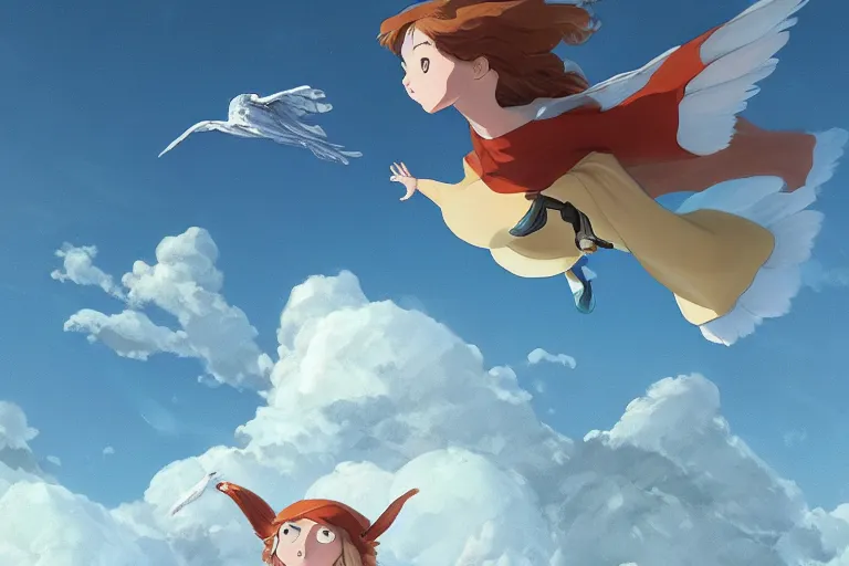 Image similar to A cell animation of girl flying with a bird-shaped white glider over the clowds, Nausicaa of the Valley of the Wind, Miyazaki Hayao, ghibli style, highly detailed, digital painting, concept art, sharp focus, illustration, anime, trending on artstaion