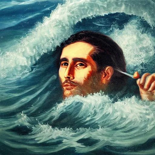 a painting of a man drowning in an ocean full of waves | Stable Diffusion