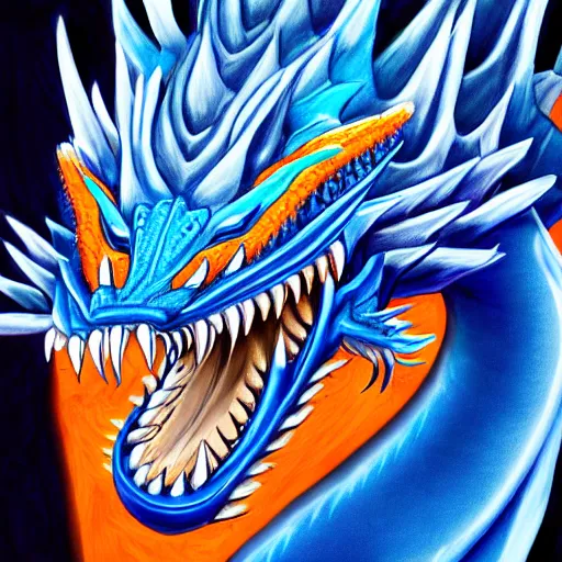 Image similar to highly detailed portrait of a blue dragon with a white lower jaw and orange eyes