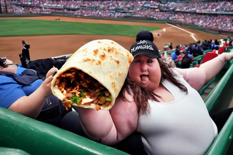 Image similar to obese woman eating a giant burrito sitting at a baseball game, photograph,