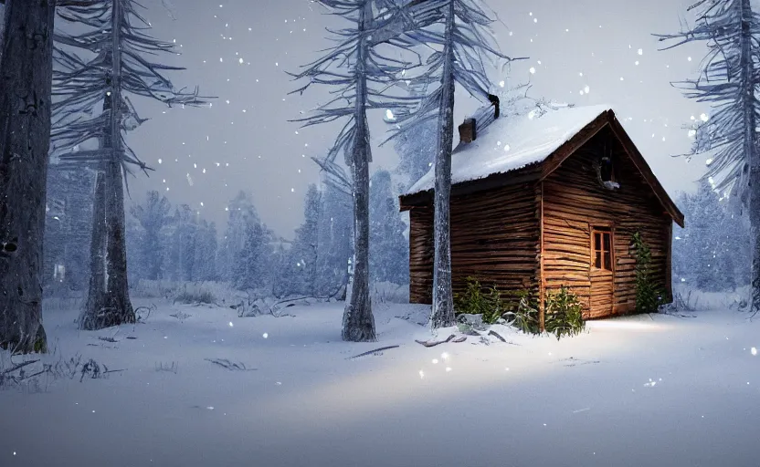 Image similar to A abandoned wooden hut in a winter forest environment concept, northern lights, horror game, artstation