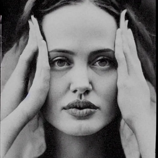 Prompt: victorian photograph of angelina jolie, 1 8 9 0 s photography, 1 9 0 0, graceful, realistic face, symmetrical face, studio photograph, grainy, edwardian, old photo