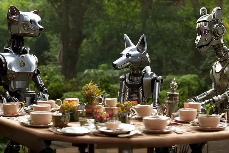 Image similar to film still from the movie chappie of the robot chappie shiny metal outdoor park plants garden scene bokeh depth of field several figures sitting down at a table having a grand victorian tea party furry anthro anthropomorphic stylized cat ears wolf muzzle head android service droid robot machine fursona