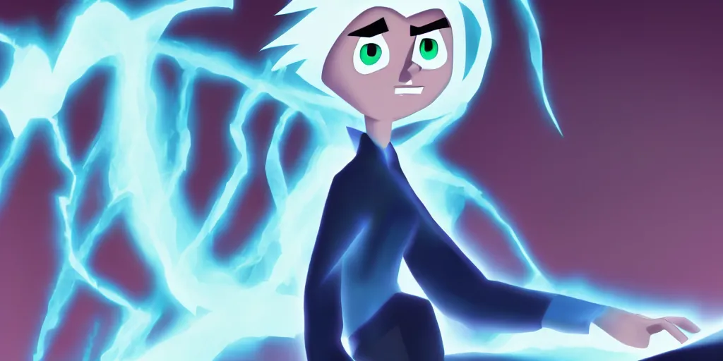 Image similar to a mage that has the face of danny phantom he is at his desk working on a new spell that is casting out flowing energy, colorful, flowing energy, light rays, consistent face, medium shot, waist up, pixar and disney animation, sharp, concept art, highly detailed, bloom, dramatic lighting, cinematic