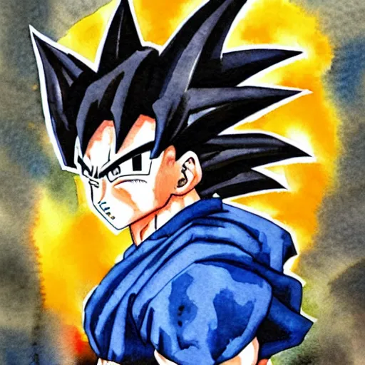 Prompt: watercolor painting of goku of dragonball z standing on napas head by Yoshida Hiroshi