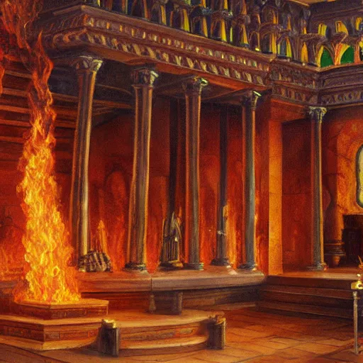 Image similar to a beautiful, detailed, and realistic oil painting of the Temple of Solomon in flames