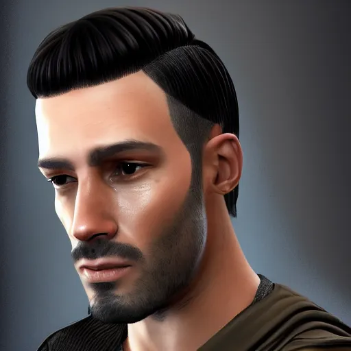 Prompt: Photorealistic concept art of a male sci-fi character portrait in his 30's, features between French, Turkish and Russian with short black hair on the sides and a fringe dressed in a beige and black jumpsuit, 4K Trending at Artstation HQ