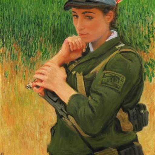 Prompt: a female israel defence force soldier pressing a staple gun to her own head and looking depressed by monet