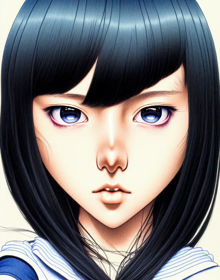 Image similar to extremely detailed color ink pen  illustration depicting an extreme close up face of a dainty young truant android female stoner prep highschool school student with medium length silky straight iridescent black hair and lightly suntanned skin, illustrated by Artgerm and Range Murata.