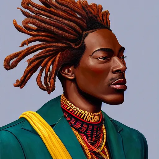 Prompt: a professionally painted african male model , clothed in ancient suit, dark skin, red gold dreadlocks hair, beautiful bone structure, symmetrical features, stunningly beautiful, intricate, elegant, digital painting, smooth, sharp focus, illustration, made by Kehinde Wiley, Kara Walker, Jacob Lawrence, Sam Gilliam, Edmonia Lewis, in a open green field