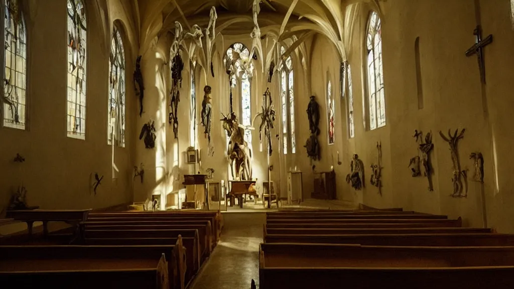 Prompt: the strange creature in church, made of wax and water, film still from the movie directed by Denis Villeneuve with art direction by Salvador Dalí, middle balanced, wide lens