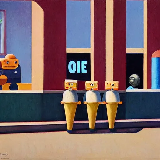 Image similar to robots queue up for ice cream, ( ( ( grant wood ) ) ), pj crook, ( ( ( edward hopper ) ) ), oil on canvas