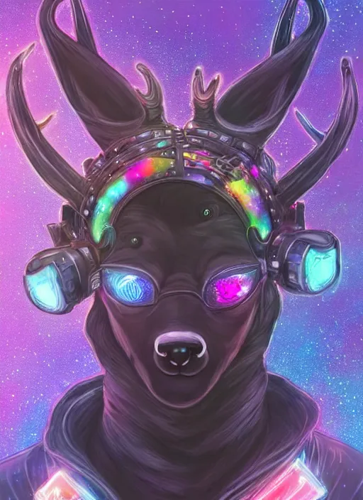 Image similar to award winning beautiful portrait commission of a male furry anthro Black Reindeer cyberpunk fursona with a tail, wings, wings, wings and a cute beautiful attractive detailed furry face wearing a crown, stylish black and rainbow galaxy clothes, outline, in a cyberpunk city at night while it rains. Character design by charlie bowater, ross tran, artgerm, and makoto shinkai, detailed, inked, western comic book art