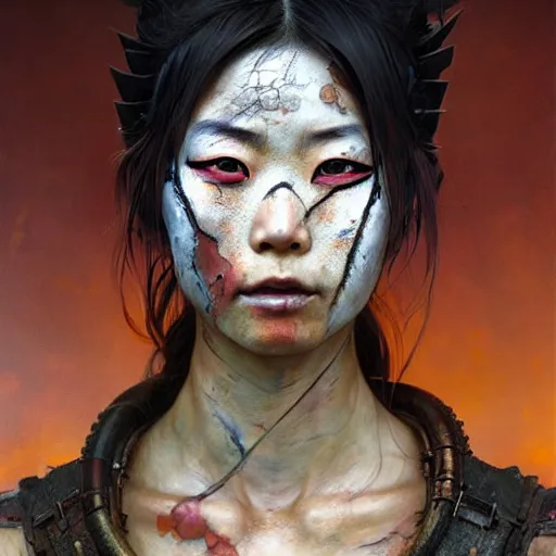 Prompt: portrait painting of a post - apocalyptic japanese lady with warpaint on her face wearing rusty samurai armor, ultra realistic, concept art, intricate details, eerie, highly detailed, photorealistic, octane render, 8 k, unreal engine. art by artgerm and greg rutkowski and charlie bowater and magali villeneuve and alphonse mucha