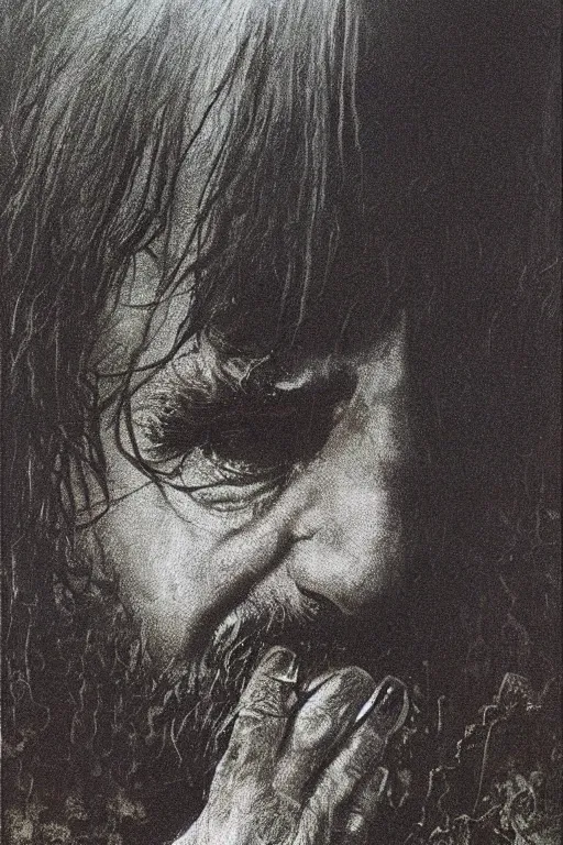 Prompt: magic the gathering card depicting charles manson, by zdzislaw beksinski, swamp, black