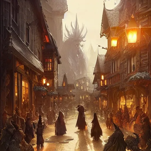 Image similar to “ on main street of nordic fantasy world, d & d, fantasy, intricate, cinematic lighting, highly detailed, digital painting, artstation, concept art, smooth, sharp focus, illustration, art by artgerm and greg rutkowski and alphonse mucha ”