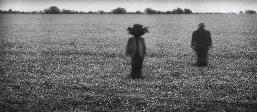 Image similar to circa 2 0 0 2 1 3 mm color film photograph of a clown in a field, liminal, dark pitch black, flash on, blurry, grainy, unsettling