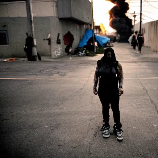 Prompt: Cinestill 50d candid extreme wide shot of a poor techwear mixed woman with tattoos outside of a futuristic Los Angeles on fire, homeless tents on the side of the road, military police, cyberpunk, 4k, extreme long shot, desaturated, full shot, action shot, blurry, high resolution, 4k, 8k, hd, full color