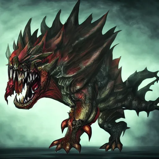 Image similar to concept art of bowser with huge horns and scales and talons, resident evil, horror, occult, terror, mist, volumetric render, digital painting, detailed painting