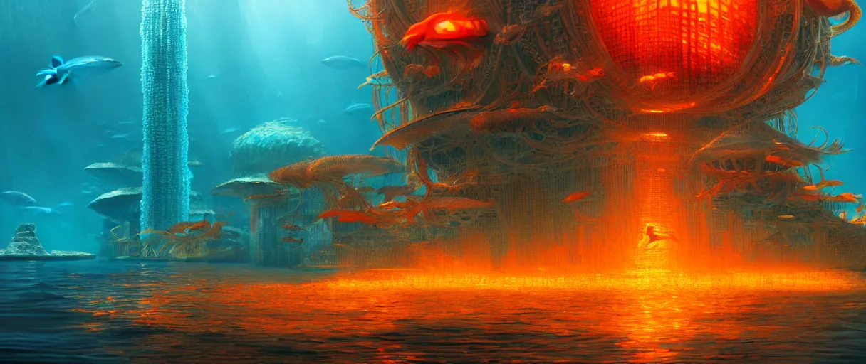 Prompt: hyperrealistic hyper detailed underwater bio-morphic city of atlantis guarded by giant orange and yellow cyborg jellyfish matte painting concept art maciej kuciara hajime sorayama cinematic soft red lighting low angle hd 8k sharp shallow depth of field