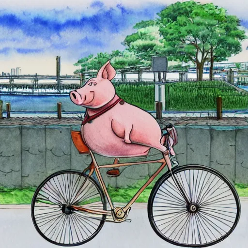 Prompt: a pig riding a bicycle on the road by the seaport,detailed watercolor pen ink illustration by Hayao Miyazaki, key visual official media