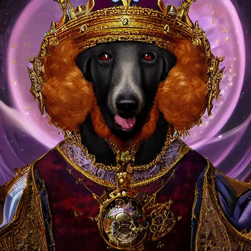 Prompt: oil painting portrait of a white poodle wearing medieval royal robe and an ornate crown on a dark nebula background digital Art, concept Art, highly detailed, 3-D 4K, trending on art station, Mark Brooks,