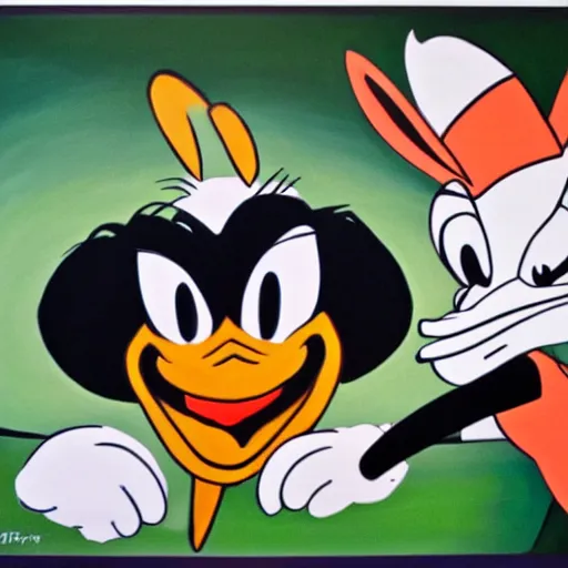 Image similar to Sumi-E painting of Bugs Bunny slapping Daffy Duck.