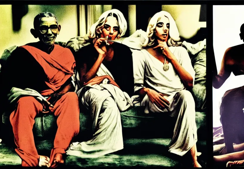 Image similar to smoke session for the ages: Gandhi , Obama, Jesus, And Lady GaGa smoking a fat blunt on a sofa by Andy Warhol, photograph