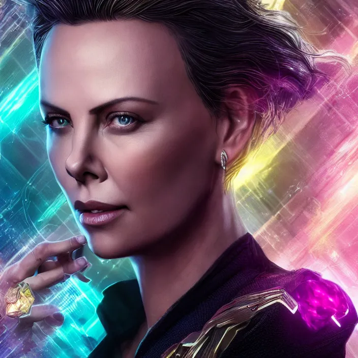 Image similar to portrait of ((Charlize Theron)), wearing The Infinity stones. SNAP. intricate artwork. octane render, trending on artstation, very coherent symmetrical artwork. avengers. thanos. cinematic, hyper realism, high detail, octane render, 8k, iridescent accents