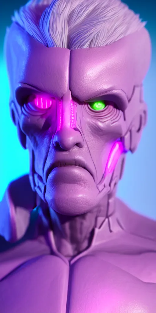 Prompt: 3d octane close-up high quality render of gothic cyborg man with white hair and pearlescent pink skin key sage wayne barlowe very soft blue neon lighting on one side wide angle 35mm shallow depth of field 8k