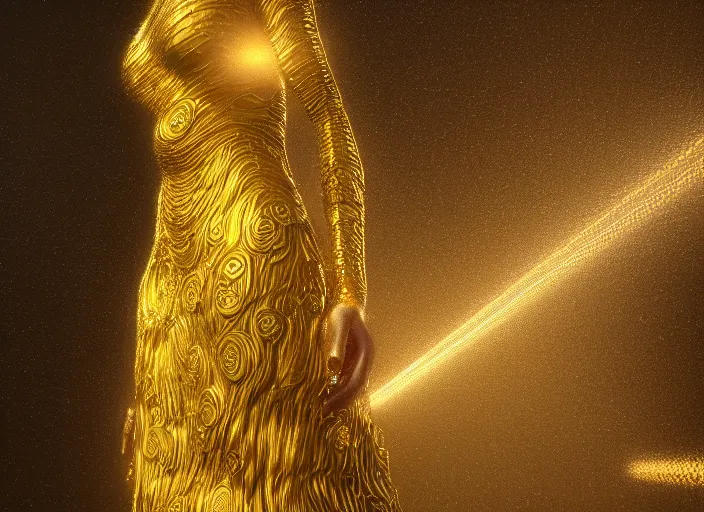 Prompt: !dream Figure cyborg with flowing golden robes and light beams, volumetric lighting, By Gustav Klimt, Monet, cg, Octane render, 4K, Yoshitaka Amano, James Jean