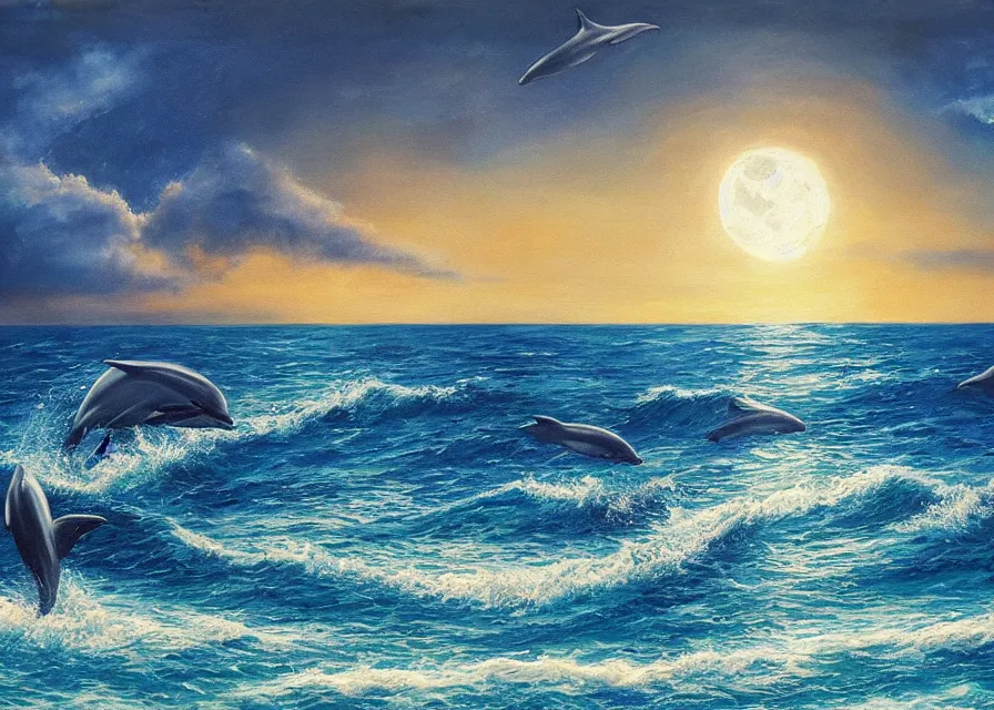 Prompt: beautiful ocean in moonlight, dolphins jumping out of the water, oil painting