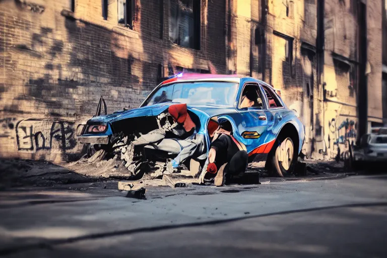 Prompt: superman pushing a broken car, chromatic, amber, direct sunlight, dslr, banksy, pastel, dof