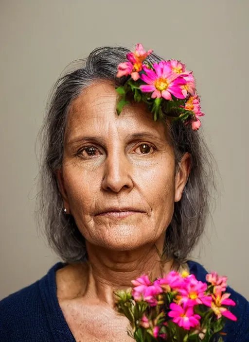 Prompt: portrait of a 5 9 year old woman, symmetrical face, flowers in her hair, she has the beautiful calm face of her mother, slightly smiling, ambient light