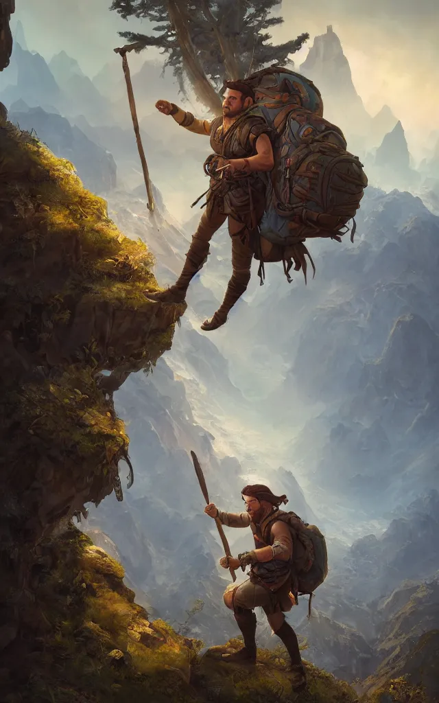 Prompt: an oil art painting of young handsome fool adventurer with adventurer hiking backpack, grim gwent card, gipsy mage adventurer character design from inquisition, climbing up a cliffside, 4 k, ultra detail, volumetric lighting, unreal engine, octane render, by tom bagshaw, artgerm