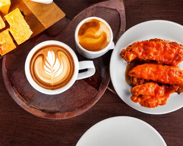 Image similar to hot wings covered in cheese next to a cup of coffee , Cinematic shot, 8k resolution