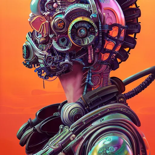 Image similar to high quality high detail biomechanical portrait of diesel punk in an alien world, tristan eaton, victo ngai, artgerm, rhads, ross draws, hyperrealism, intricate detailed, alphonse mucha, 8 k, sci - fi, pastel colors, artstation,