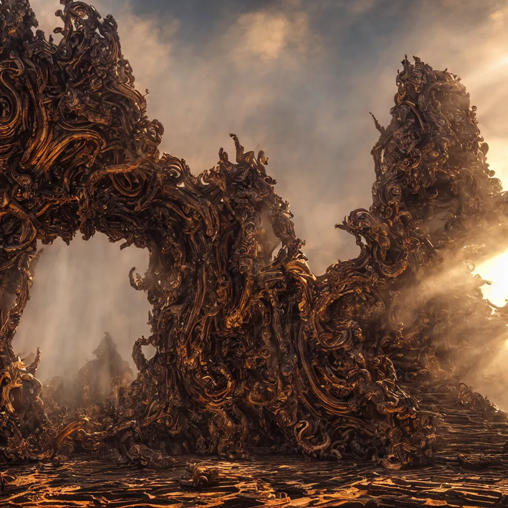 Prompt: ancient temple made of ribs and spines and teeth, gold ram horns, copper goat skulls, grand imposing powerful sculpture. swirls of mist. sunrise, intense light beams, lens flare. occult photorealism, uhd, amazing depth, volumetric lighting, cinematic lighting. epic landscape.