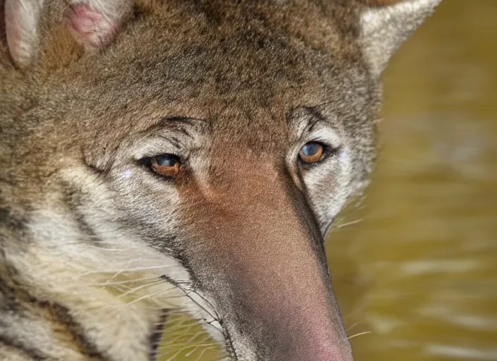 Image similar to photo of a thylacine, distinct animal, thylacine, thylacine, ‘Tasmanian (((tiger)))’, thylacine, detailed fur, long thin tail, long snout, small eyes, marsupial, drinking water from a lake, Australia, HD, National Geographic,