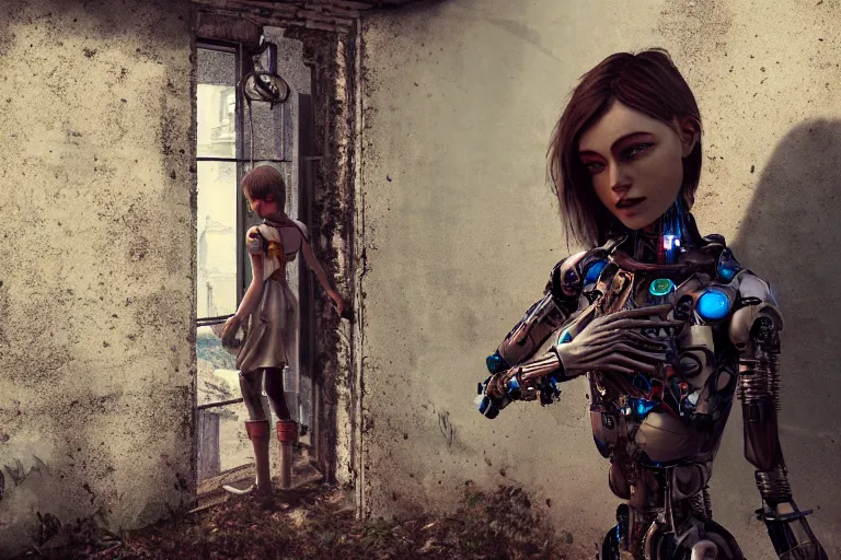 Image similar to Broken cyborg girl on old courtyard with mud and an old playground between two soviet five-storey panel houses, high details, cinematic, 8k resolution, beautiful detailed, insanely intricate details, artstation trending, octane render, unreal engine