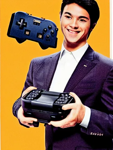 Prompt: businessman holding a nintendo gamecube like a briefcase, nintendo advertisement