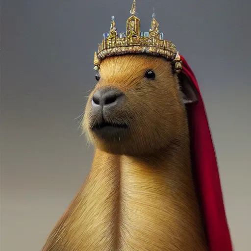 Image similar to detailed photorealistic painting of a capybara, wearing a detailed ornamented gold crown with diamonds, in a medieval knight armor with red cape, standing in front of a detailed castle, sharp focus in the style of ruan jia, Mandy jurgens, cinematic light, concept art, trending on artstation, ultra realistic