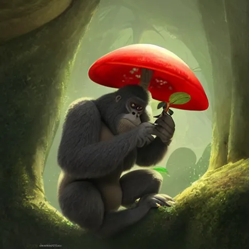 Prompt: a wholesome animation key shot of a small gorilla holding a amanita muscaria, chilled out smirk on face, driving a jeep, studio ghibli, pixar and disney animation, sharp, rendered in unreal engine 5, anime key art by greg rutkowski, bloom, dramatic lighting