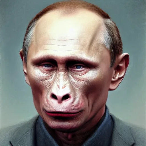 Prompt: portrait of vladimir putin, monkey putin face hybrid, vladimir putin face, vladimir putin transformation, macabre, horror, by donato giancola and greg rutkowski and wayne barlow and zdzisław beksinski, realistic face, visible face, digital art