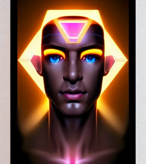 Image similar to symmetry!! egyptian god of technology, solid cube of light, hard edges, product render retro - futuristic poster scifi, lasers and neon circuits, brown skin handsome egyptian god, intricate, elegant, highly detailed, digital painting, artstation, concept art, smooth, sharp focus, illustration, dreamlike, art by artgerm